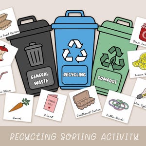 May include: An educational illustration for a recycling sorting activity. Three bins are labeled "General Waste", "Recycling", and "Compost". Various items like a carrot, apple core, and rubber bands are shown to be sorted into the correct bin. The text "Recycling Sorting Activity" is at the bottom.