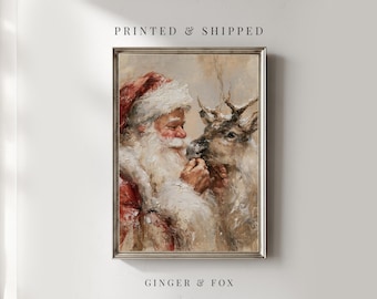 Santa with Reindeer - A4 Print - Christmas / Winter Wall Decor Physical Art Print