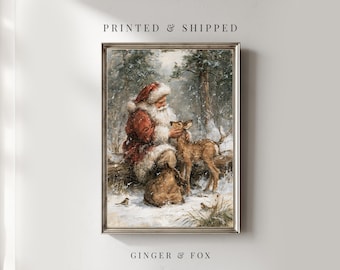 Santa With a Young Deer - A4 Print - Christmas / Winter Wall Decor Physical Art Print