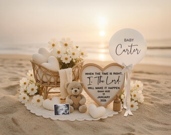 May include: A beach scene with a baby announcement. A wicker basket holds white heart-shaped pillows and daisies. A teddy bear, ultrasound photo, and a heart-shaped sign with text are present. A balloon says "Baby Carter".