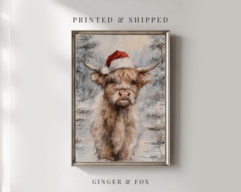 Highland Cow with Santa Hat On - Christmas / Winter Wall Decor Physical Art Print