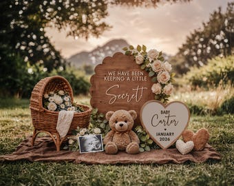 May include: A rustic outdoor pregnancy announcement setup. A wooden sign reads "WE HAVE BEEN KEEPING A LITTLE SECRET!" with a teddy bear, a wicker bassinet filled with flowers, and a sign that says "BABY CARTER JANUARY 2026".