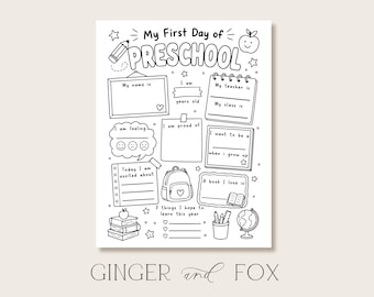 My first day of Preschool Coloring Activity (Printable Digital Download)