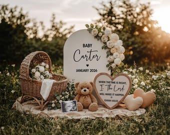 May include: A baby announcement scene with a wicker bassinet filled with white flowers and a sign that reads "Baby Carter January 2026." A teddy bear, ultrasound photo, and heart-shaped pillows are also present. A heart-shaped sign says "When the time is right, I, The Lord, will make it happen Isaiah 60:22."