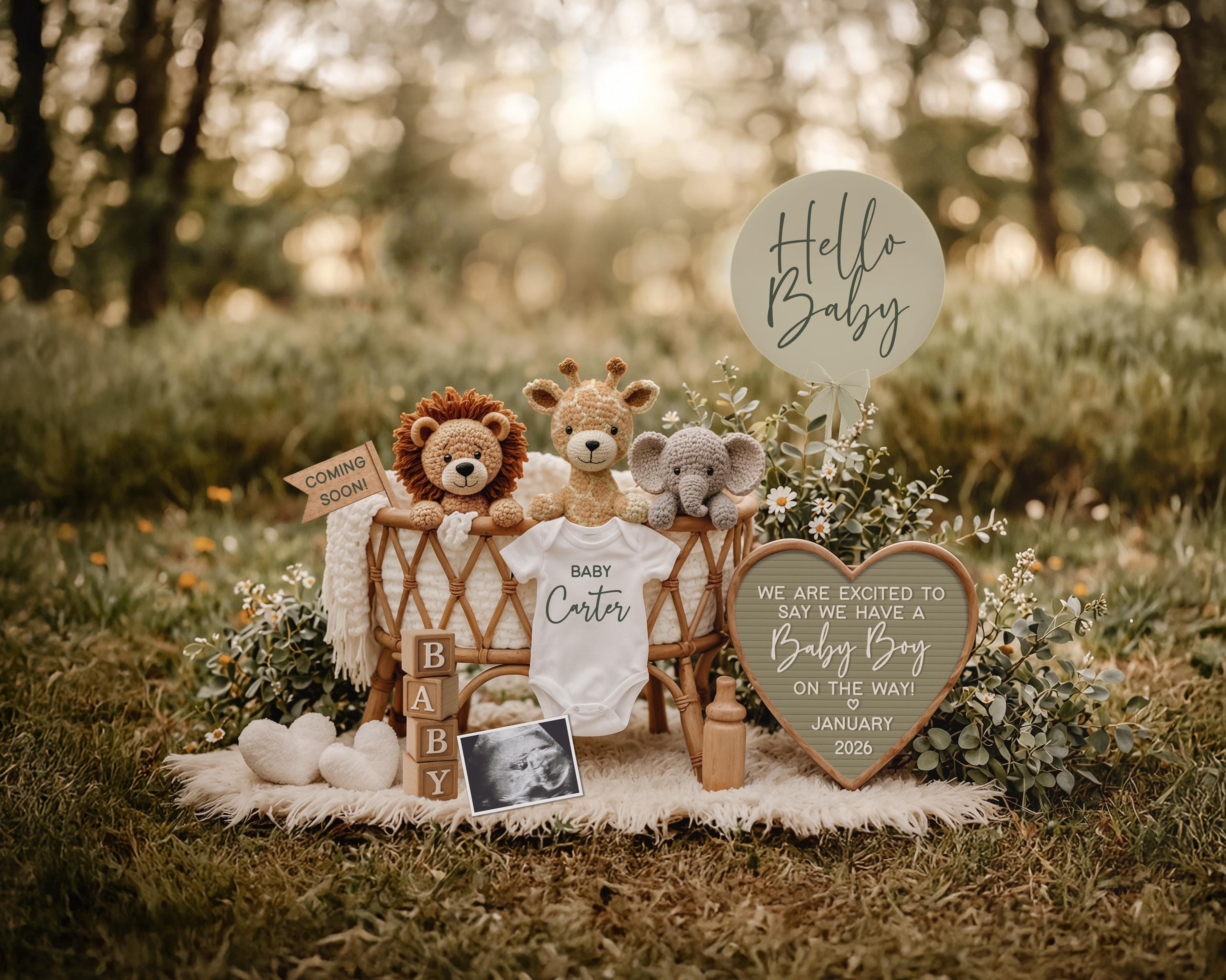 Safari Animal Baby Boy Pregnancy Announcement: Social Media Reveal (Digital Template)