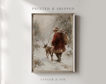 Santa Walking in the Snow With Reindeer - A4 Print - Christmas / Winter Wall Decor Physical Art Print
