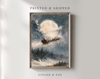 Santas Sleigh Flying infront of the Moon - A4 Print - Christmas / Winter Wall Decor Physical Art Print