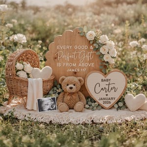 May include: A heartwarming announcement scene with a wicker basket filled with white roses, a teddy bear, and a sign that reads "Every good & perfect gift is from above James 1:17." A heart-shaped sign says "Baby Carter January 2026."
