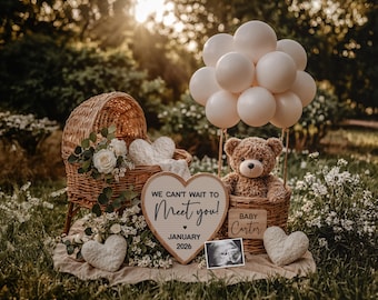 May include: A wicker bassinet and a hot air balloon basket with a teddy bear are set up for a baby announcement. The balloon has white balloons. A heart-shaped sign reads "We can't wait to meet you! January 2026."