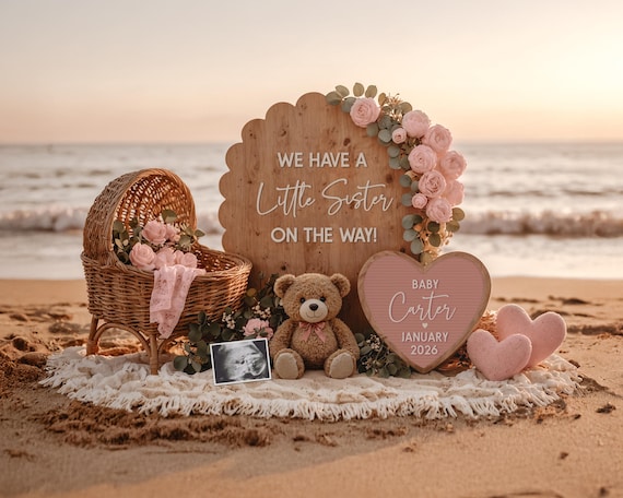 Beach Baby Girl Pregnancy Announcement: Social Media Reveal (Digital Download)