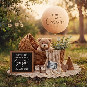 Editable Boho Teddy Bear Pregnancy Announcement: Social Media Reveal (Digital)