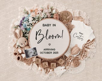 Vårens babymeddelande: Boho nallebjörn, redigerbar mall (digitalt)