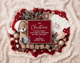 May include: A Christmas-themed baby announcement with a letter board that reads "This Christmas is extra sweet our family is growing by two tiny feet! Arriving August 2025". There is a teddy bear wearing a Santa hat, a baby onesie that says "Baby Jackson", and wooden blocks that spell out "BABY".