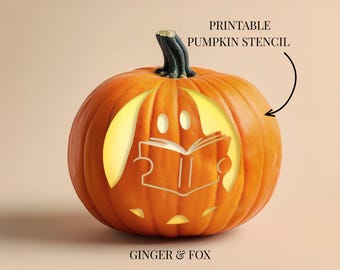 Cute Ghost Reading a book Pumpkin Carving Stencil, Easy Halloween Design (Digital Download)