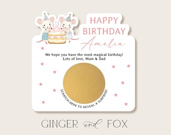 Personalised Pink Mouse Scratch off Birthday Voucher - Scratch to reveal gift