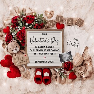 Valentine&#39;s Day Pregnancy Announcement: Boho Teddy Bear Theme (Digital Template)