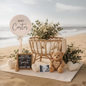 Beach Baby Announcement: Boho Teddy Bear Social Media Reveal (Digital Download)