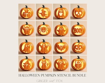 16 Pumpkin Carving Stencil Bundle, Easy Halloween Designs, Ghosts Cat Bat Witch (Digital Download)
