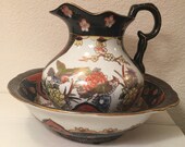 Extra large famille noir style pitcher and wash basin