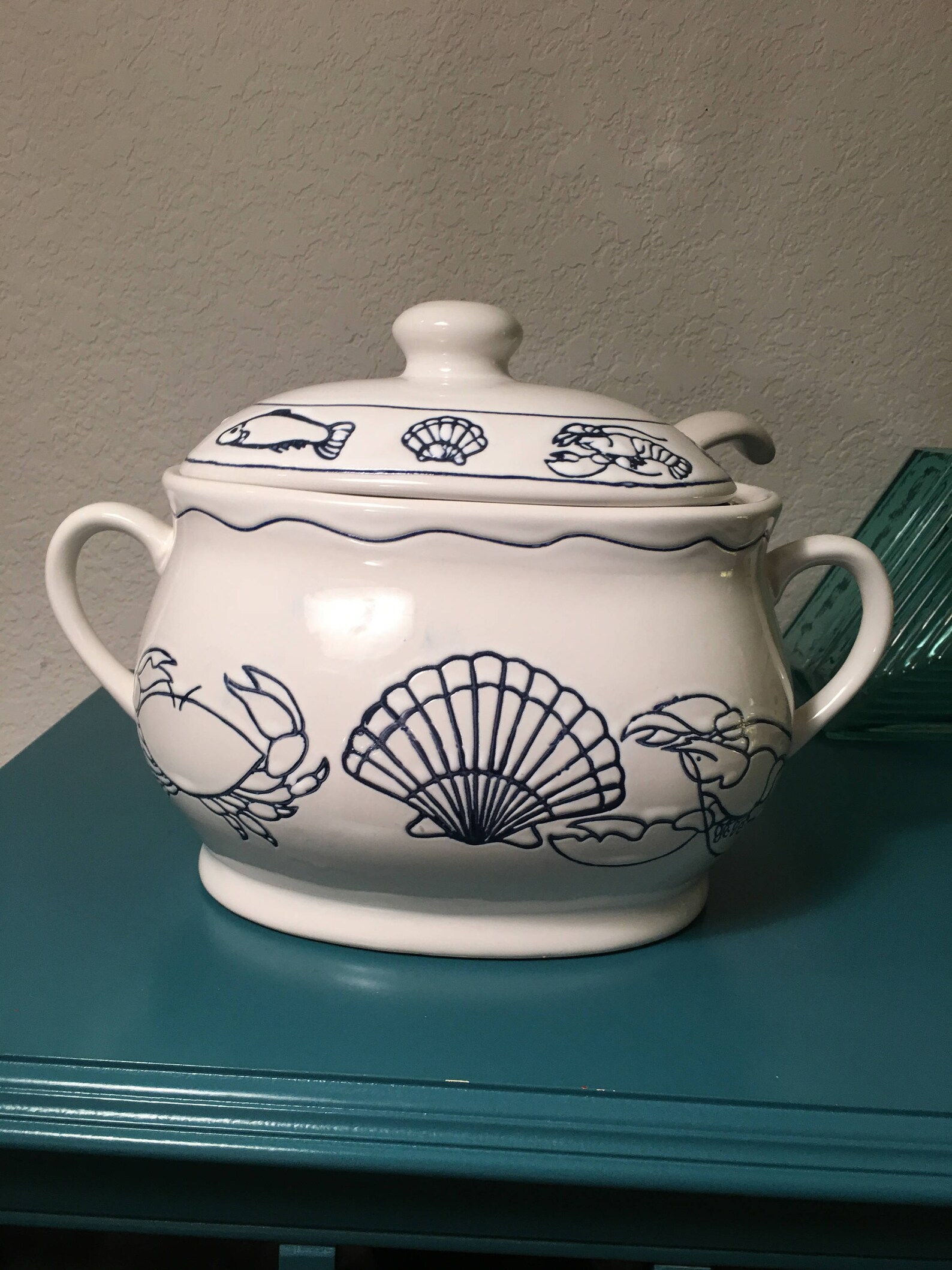 Vintage Blue and White Large Soup Tureen Shells and Crab 14 Etsy