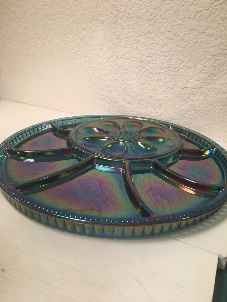 Blue carnival glass deviled egg and relish tray Etsy