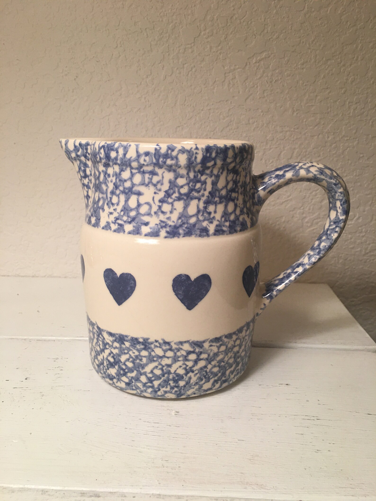 Henn Pottery 6 Blue Sponge Hearts Pitcher Roseville Etsy