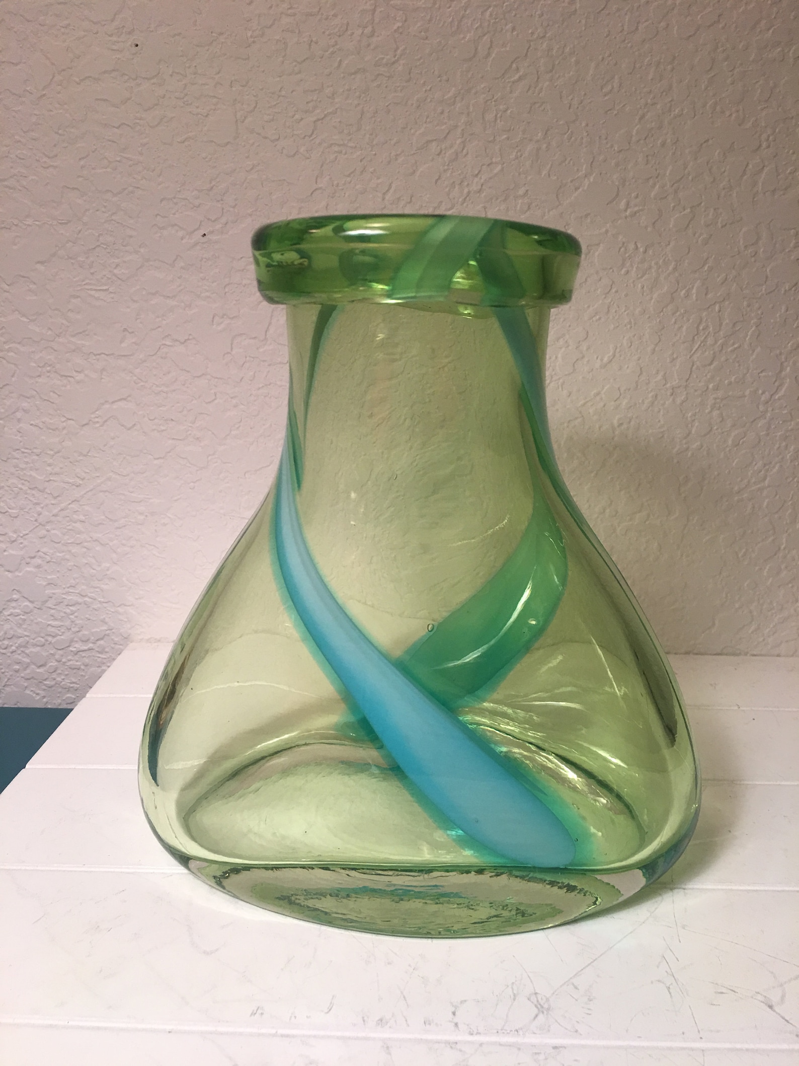 Hand blown glass green vase with aqua swirls Etsy