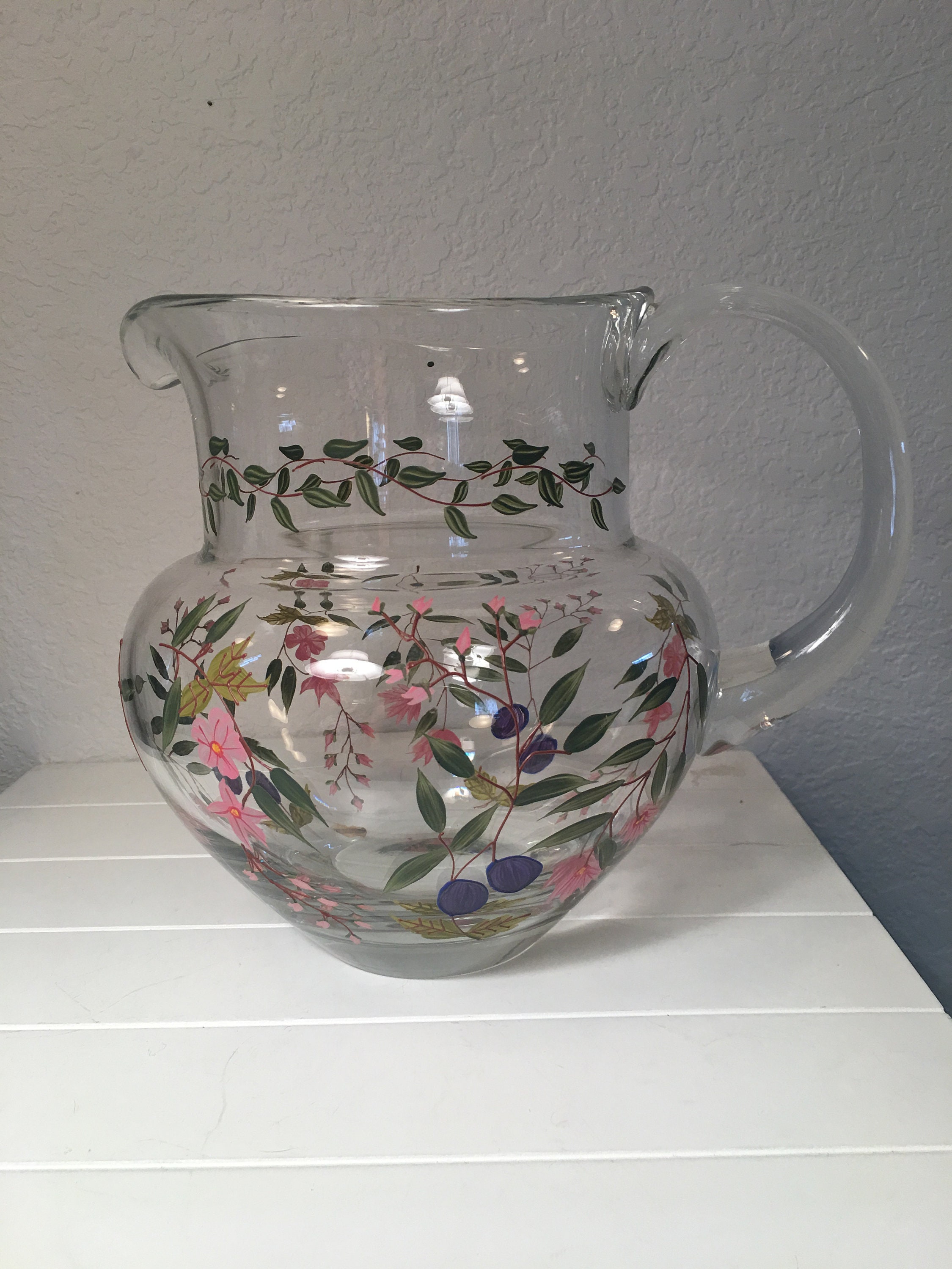 Beautiful hand painted glass pitcher 17 Etsy