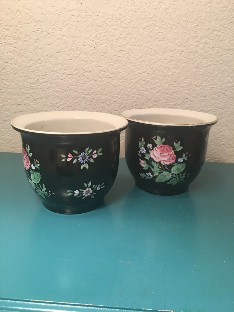 Pair of vintage Chinese black floral fish bowlsplanters