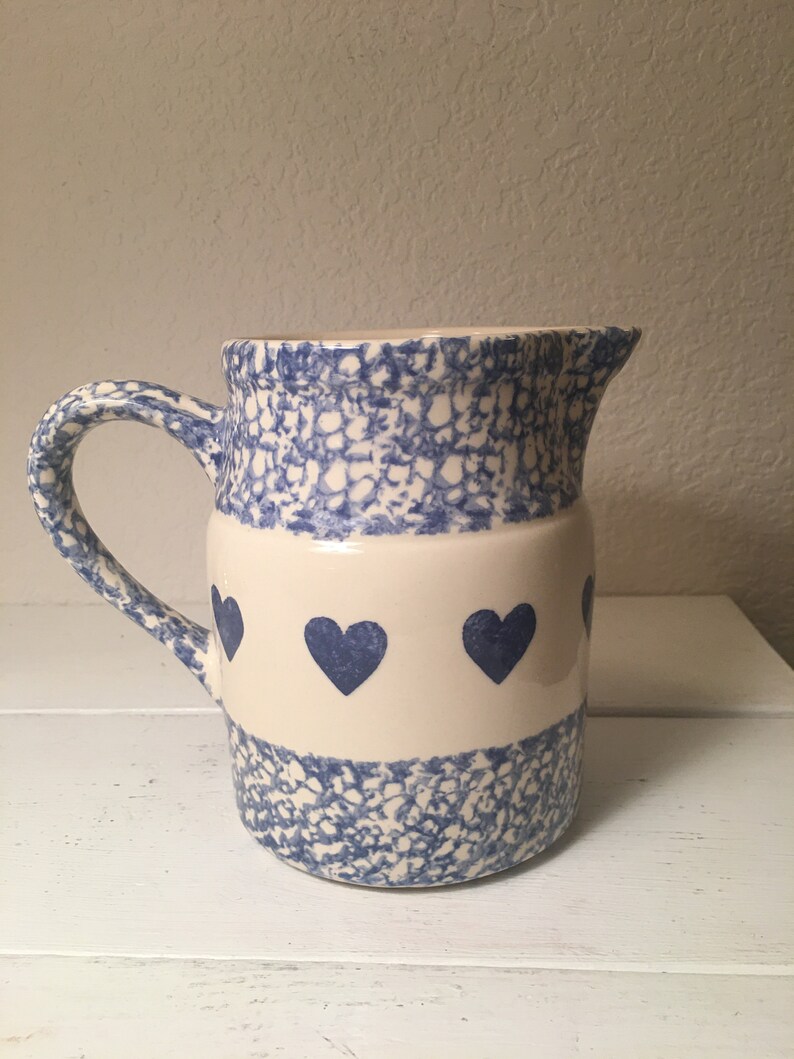 Henn Pottery 6 Blue Sponge Hearts Pitcher Roseville Etsy
