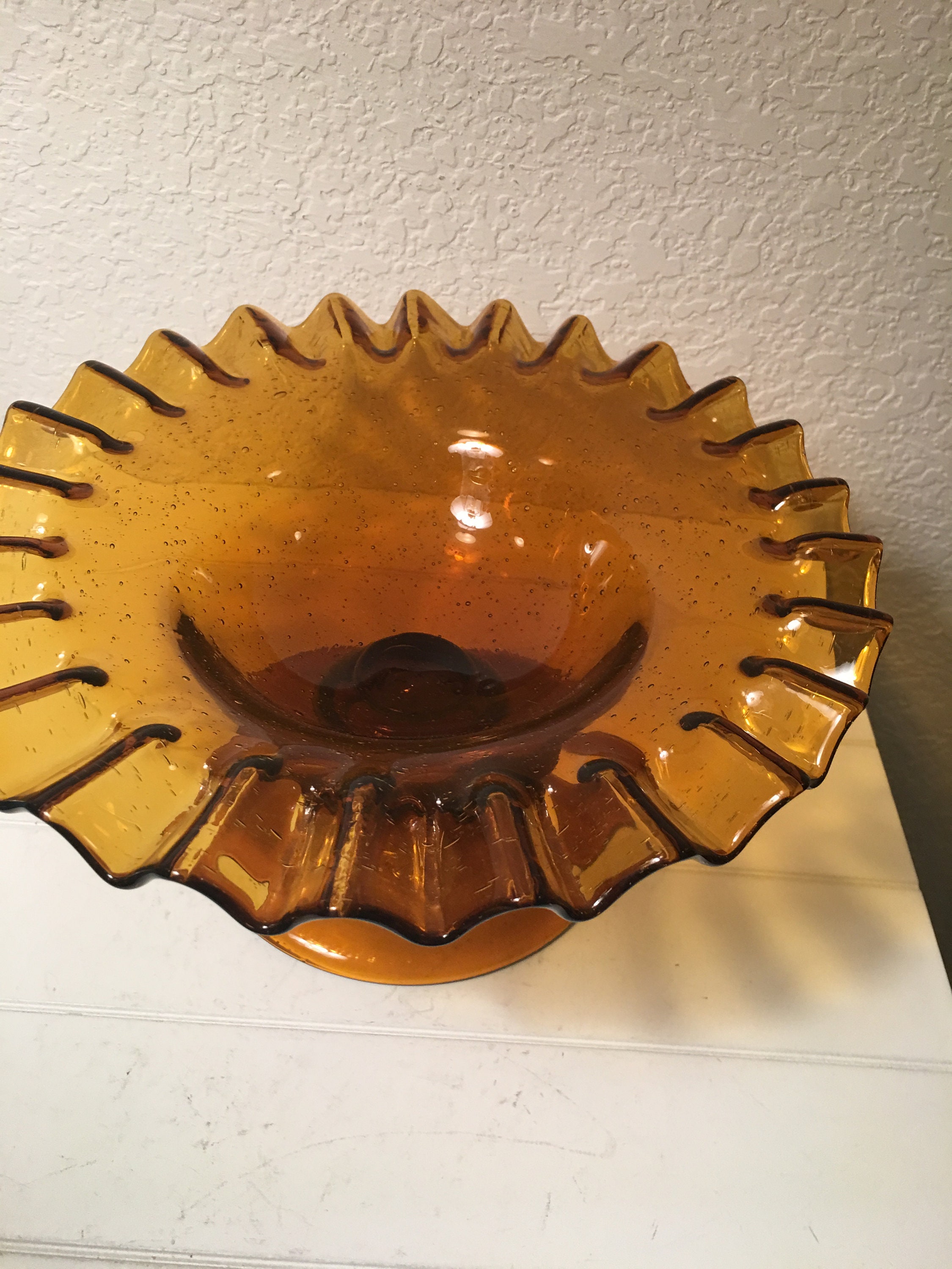Amber Glass Fruit Bowl With Ruffled Edge 49 Etsy