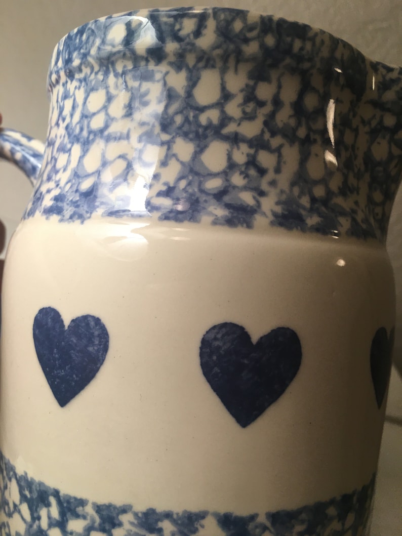 Henn Pottery 6 Blue Sponge Hearts Pitcher Roseville Etsy