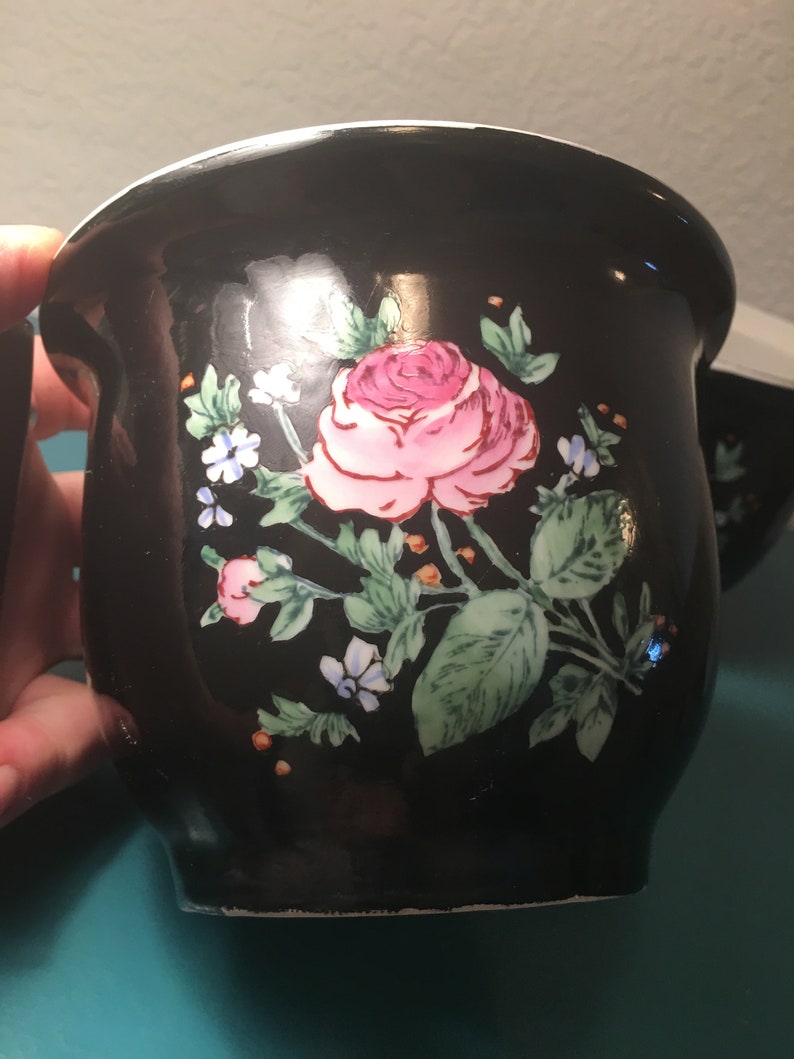 Pair of vintage Chinese black floral fish bowlsplanters