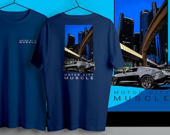 Motor City muskelbil-tröja, coola muskelbil-tröjor, present till bilälskare, sportbil-t-shirt, Detroit Skyline muskelbil-tröjor, bilkläder
