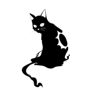 May include: Black silhouette of a cat with large eyes, sitting with its tail curled around its body.