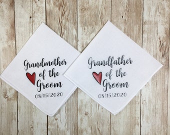 Set of grandmother of the groom and grandfather of the groom handkerchiefs, Gift for grandparents on wedding day,  Grooms grandparents gift