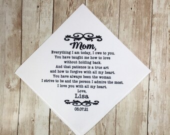 Personalized mother of the bride wedding gift, gift for mom on wedding day, personalized wedding handkerchief for mom on wedding day