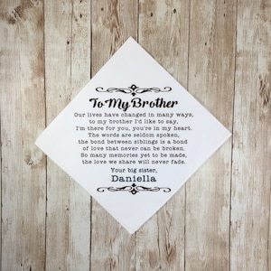 Personalized wedding handkerchief, Sister to brother wedding gift, Bride to brother handkerchief, Best man from bride gift, wedding day gift