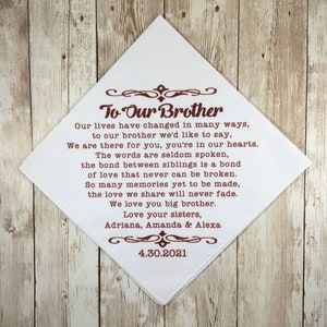 Personalized wedding handkerchief, Sisters to brother wedding gift, Brother wedding gift, wedding gift for groom, personalized brother gift
