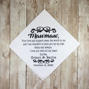 Personalized gift for grandmother on wedding day, Grandparent gift, Mommom of the bride, Grandmother of the bride wedding handkerchief