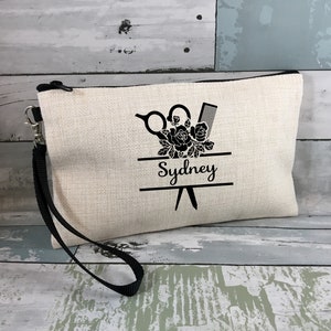 Personalized Hair Stylist Makeup Bag: Beige Linen Zipper Pouch
