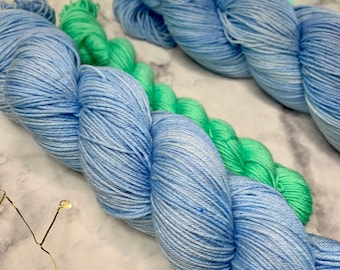 Hand Dyed Yarn Sock Set, Blue Skies by Felicity Yarn Studio Sock Yarn With Matching Coordinating Mini Skein, Ready to Ship Yarn, Sock Set