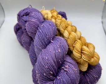 Royal Holiday, Christmas Sock Set, Hand Dyed Yarn, by Felicity Yarn Studio, Tweed Sock, Purple and Gold Sock set