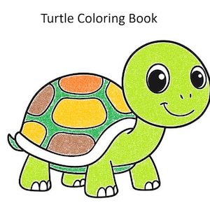May include: A green cartoon turtle with a smiling face and large black eyes. The turtle's shell is a patchwork of orange, yellow, and brown shapes outlined in green. The words "Turtle Coloring Book" are at the top.