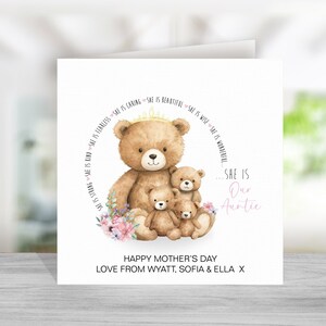 Carte de fête des mères personnalisée pour tante de jusqu'à 5 nièces et neveux, jolie carte de fête des mères tante ours et bébés ours, bonne fête des mères