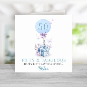 Carte du 50e anniversaire de soeur - bleu violet 50e carte d'anniversaire pour soeur - carte d'anniversaire de soeur - cadeau d'anniversaire de soeur - cinquante et fabuleux