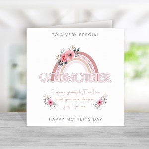 Tarjeta del Día de la Madre Madrina con verso/poema - Feliz Día de la Madre Madrina - Diseño de arcoíris rosa - Tarjeta del Día de la Madre para Madrina