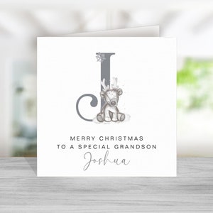Biglietto di Natale personalizzato con renna - Figlio, figlia, nipote, nipote, nipote, figlioccio, figlioccia, bambino, bambina - Iniziale grigia