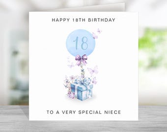 Carte d'anniversaire nièce 18e - Bleu violet carte 18e anniversaire pour nièce - Carte dix-huitième anniversaire nièce - Cadeau d'anniversaire nièce - Anniversaire nièce