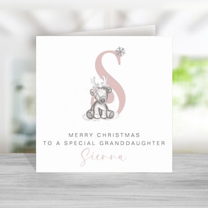 Biglietto di Natale con renna per nipote - Biglietto di Natale con renna per nipote - Biglietto di Natale personalizzato per nipote - Iniziale rosa